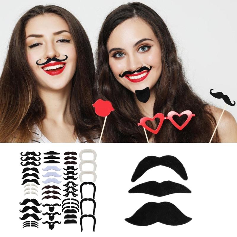 1-48Pcs Fake Beards Mustaches Set Self Adhesive Beard Mustaches Halloween Cosplay Costume Accessories for Women Men