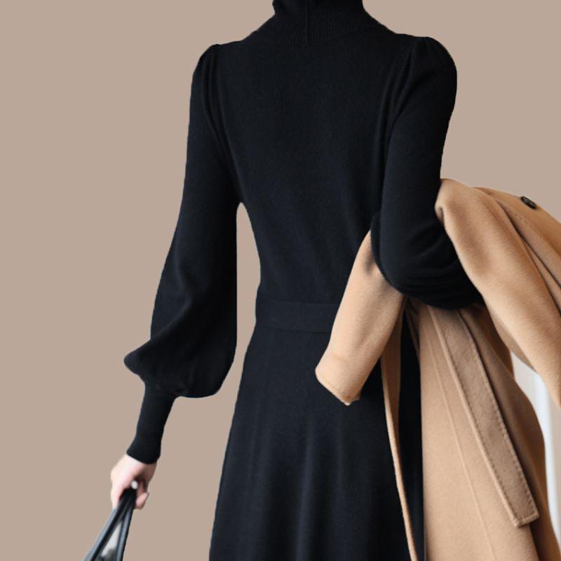 

Вязаное длинное платье с полувысоким воротником для осенне-зимнего женского гардероба, платье-свитер длиной до колена, приталенное платье-свитер средней длины, пуловер 3XL чёрный
