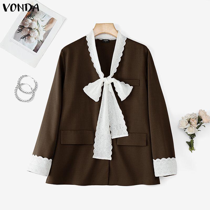 

VONDA Women V-Neck Bow Lace Long Sleeve ButtonThin Cardigan Blazer 5XL коричневый