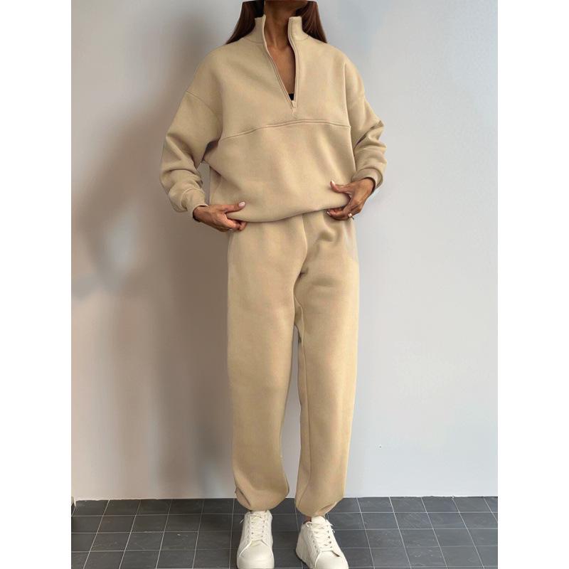 2025 European Autumn/Winter Fashion Zipper Lapel Solid Color Casual Two-Piece Set