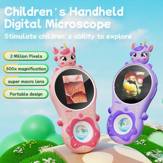 Kids Digital Microscope 200X Mini Portable Pocket Microscope Camera with 2-Inch IPS Screen Built-in 8 LEDs Educational Science Experiment