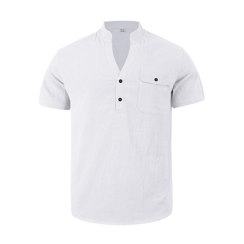Linen Men's T-Shirt Loose-Fit Casual Workwear Commuter Menswear Short-Sleeved Henley Pocket Shirt