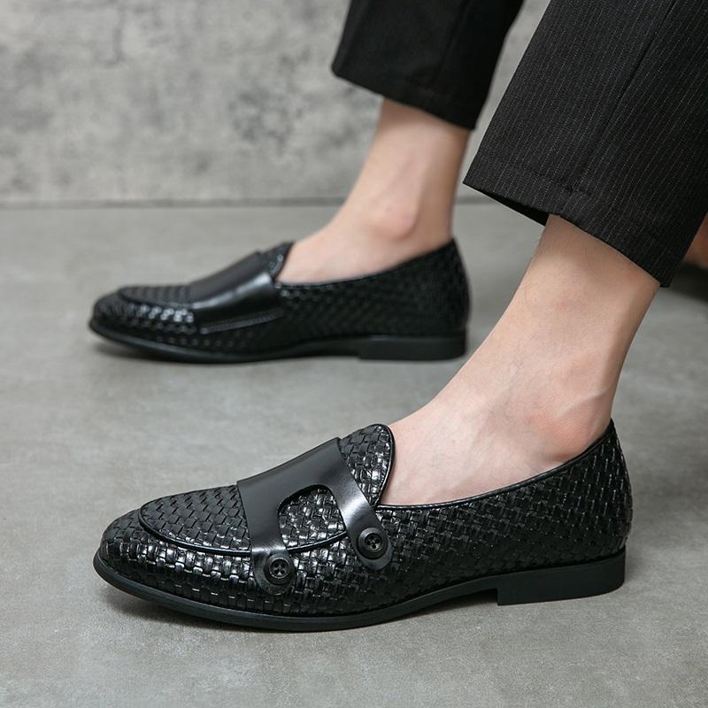 Retro New Men Knit Pattern Patent Leather Casual Monk Strap Shoes Luxury Designer Male Formal Wedding Dress Homecoming Footwear