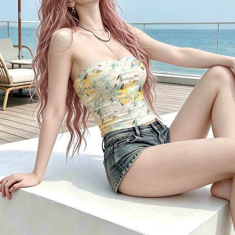 Women's Strapless Scattered Floral Tube Top, Summer Off-Shoulder Yellow Green Crop Top, Fresh Camisole