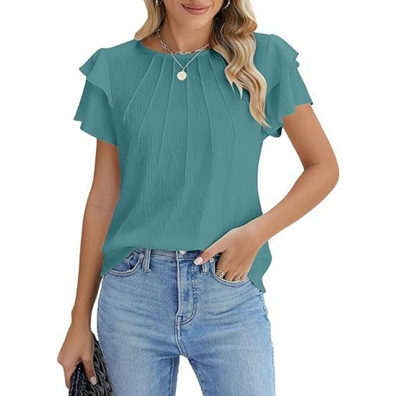 Women's Formal Casual Summer Pleated Short Sleeved Round Neck Top Business Work Shirt