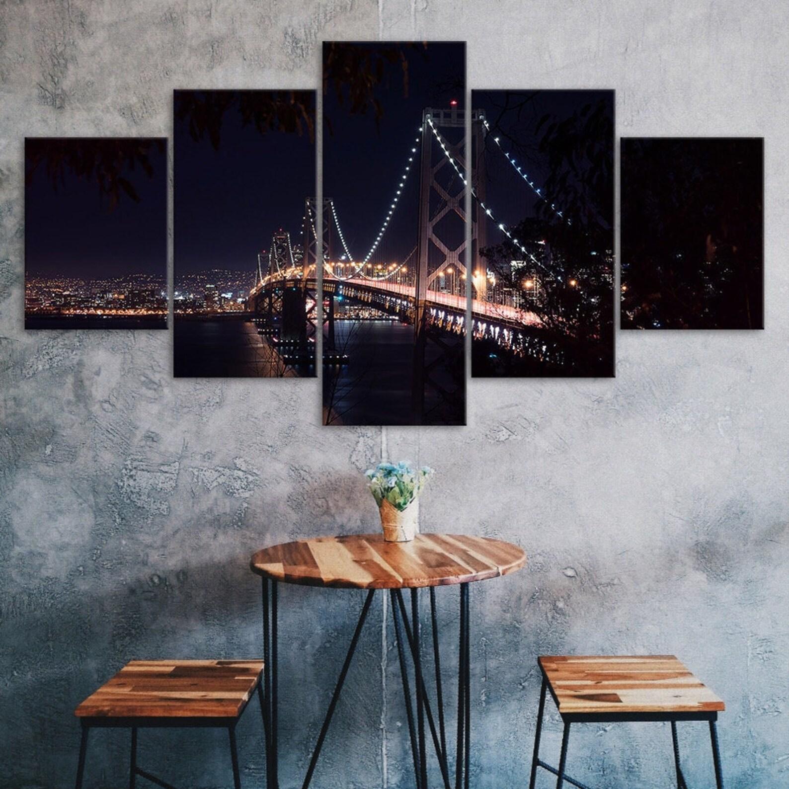 

San Francisco Oakland Bay Bridge Night View 5 Piece Five Panel Wall Canvas Print Modern Art Poster Picture Home Decor Gift For Him For Her 20X35 20X45 20X55CM