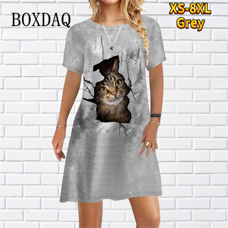 Funny Cute Cat Print Loose Dress For Womens Girls Casual Short Sleeve Cartoon Mini Dress Summer New Beach Party Sundress