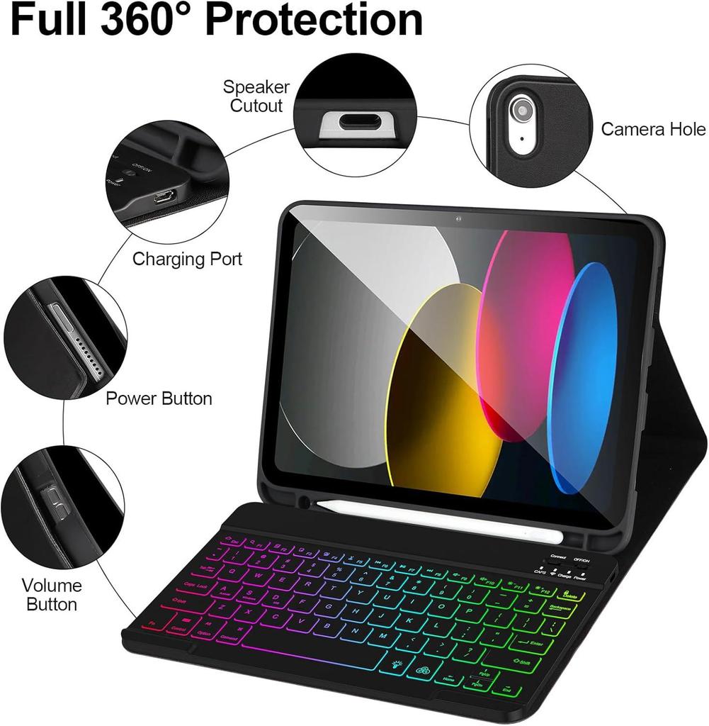 Colorful Backlit Keyboard Case for iPad 11th Gen - A16 Detachable Keyboard with Pen Holder