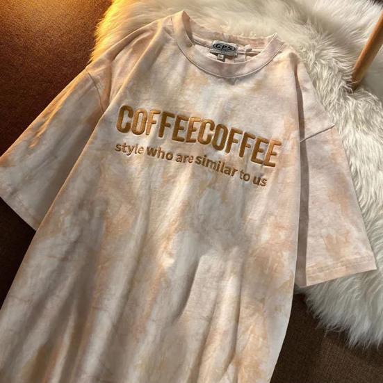 Modisches Damen-T-Shirt Buchstabenstickerei Batik-Print Kurze Ärmel Locker Geschnittene Bluse für die Arbeit