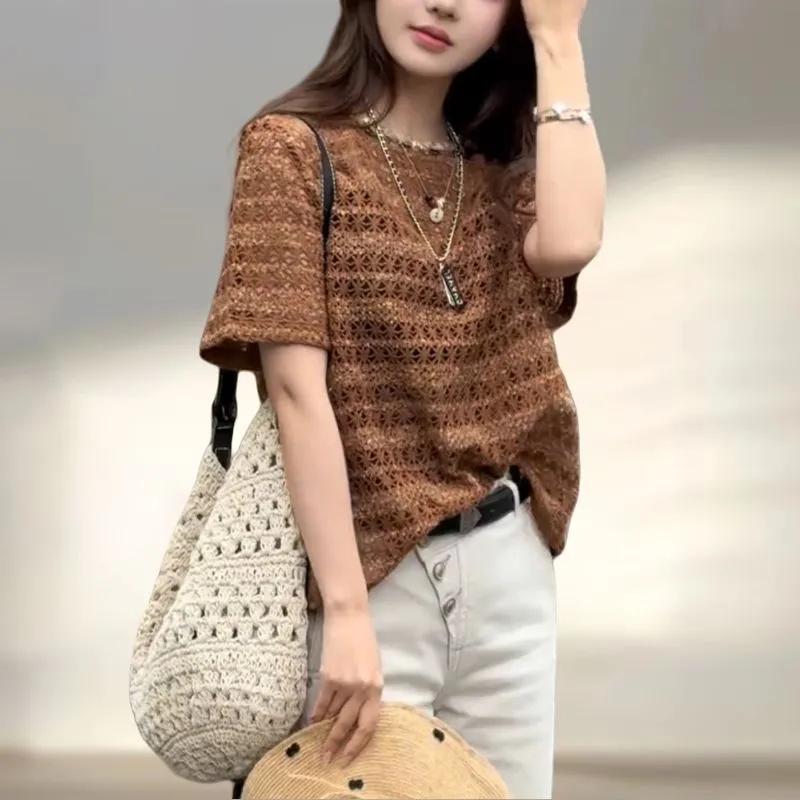 

Корейская ретро-футболка с коротким рукавом для женщин, летний модный универсальный топ с круглым вырезом L кофейный