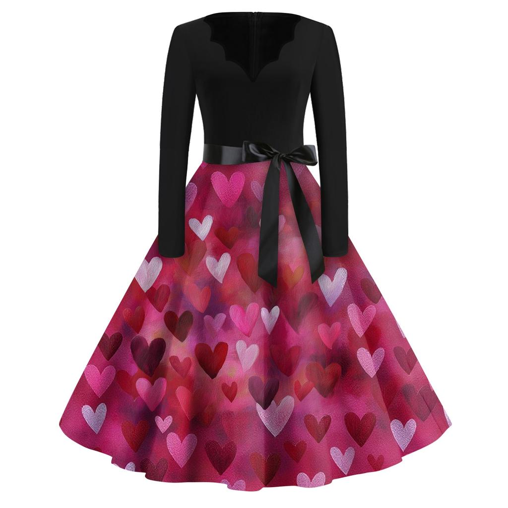 Print Flare Dress For Women Long Sleeve Dress Hollow Party Casual Dresses