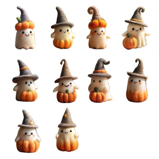 Handmade Felt Halloween Ghost Pumpkin with Wizard Hat Wool Felted Ghost Ornament for Halloween Home Shelf Desk Decor