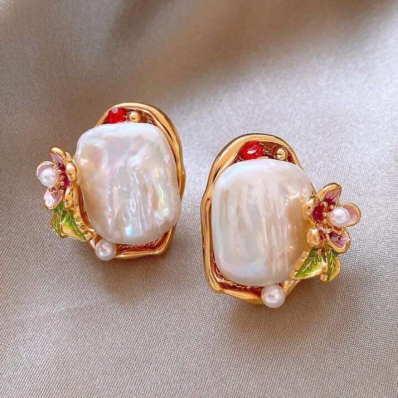 French Court Style Colored Enamel Glaze Double-layer Flower Stud Earrings Retro Pearl Design Earrings Monet Garden Decoration