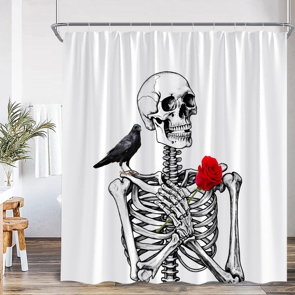 Schädel Halloween Duschvorhang Frohes Halloween Lustiges Skelett Rose Floral Badezimmer Dekor Polyesterstoff Duschvorhang Mit Haken