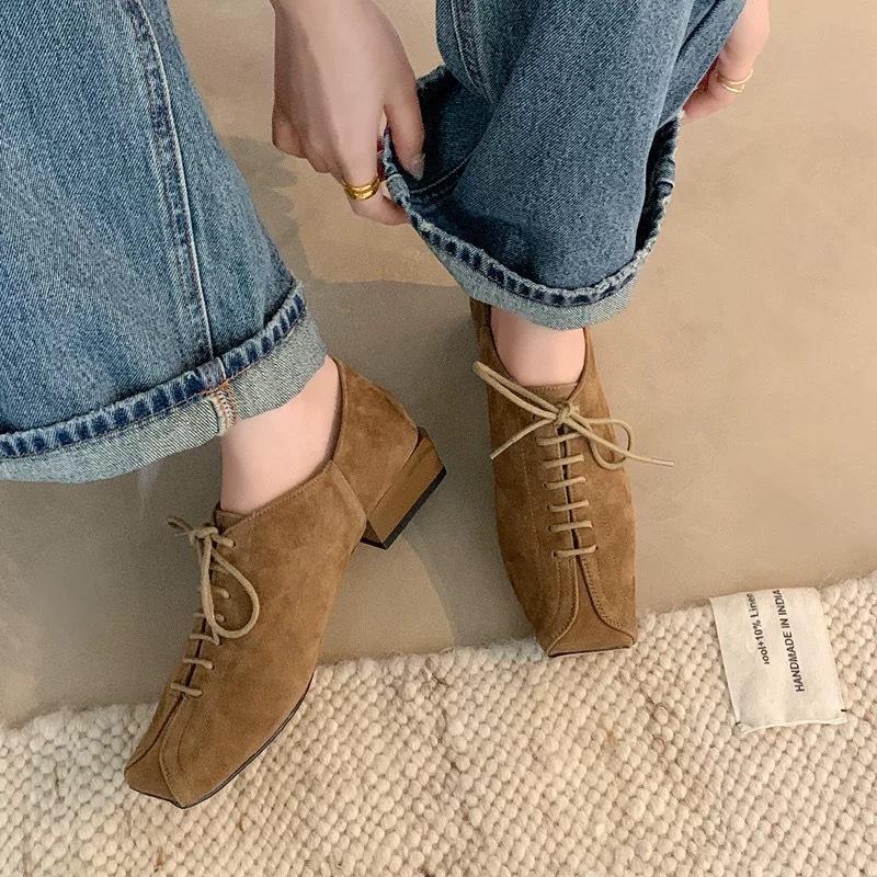 

Niche design handmade western shoes retro square head lace-up suede single shoes Maillard brown leather women s shoes spring and autumn 40