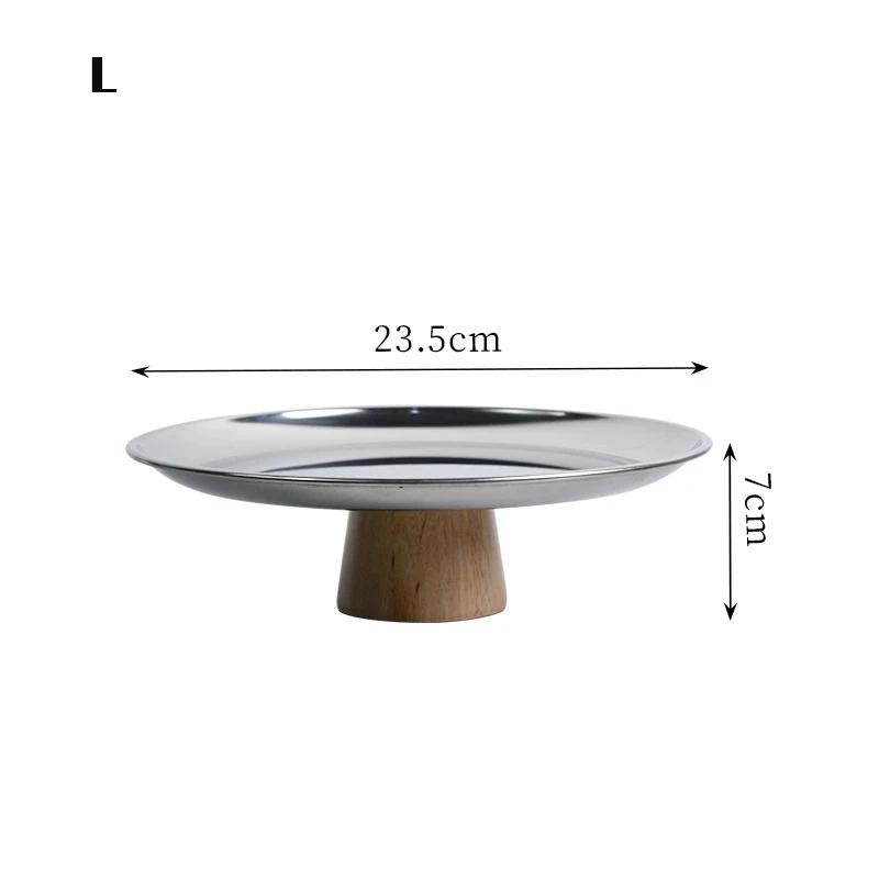 Nordic Metal Round Solid Wood Base Tray Living Room Porch Small Objects Desktop Storage Tray Sundries Cake Display Organizer