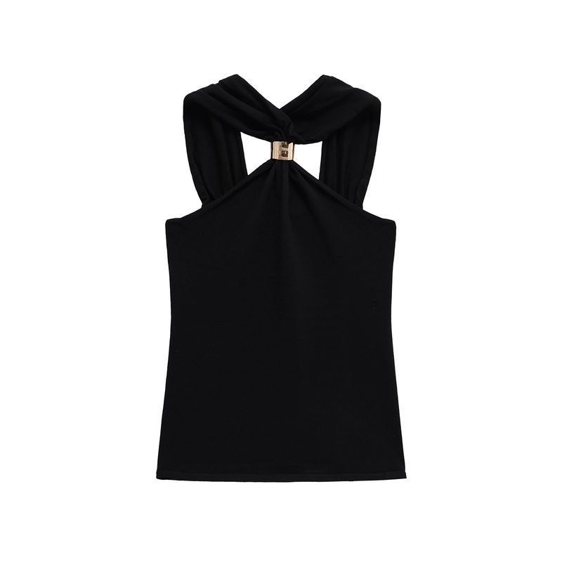 Kaslead New Arrival Women's Fashion Style Gold Inlaid Wide Shoulder Strap Hanging Collar Knitting Tops 4938116