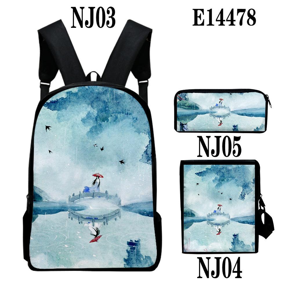 Popular Chinese style ink painting 3D Print 3pcs/Set School Bags Laptop Daypack Backpack Inclined shoulder bag Pencil Case