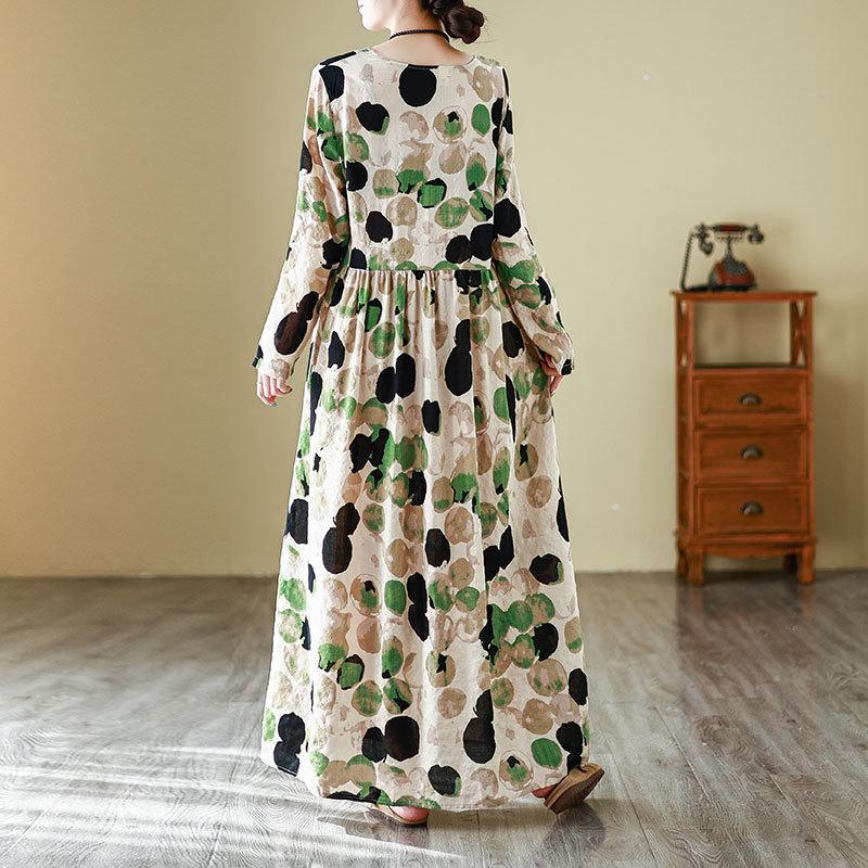 Spring Floral Vacation Style Travel Round Neck Retro Long Skirt with Meat Covering Cotton Linen Dress