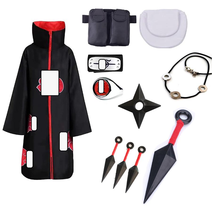 Hot Sale Anime Ninja Akatsuki Organization Cloak Set Forehead Ring Headband Necklace Kuwo Handsword Set