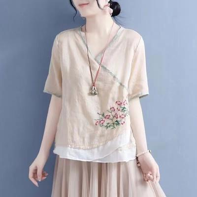 Retro Cotton and Linen Large-size Embroidered T-shirt for Women In Summer New Loose Slim V-neck Short-sleeved Top Base Shirt