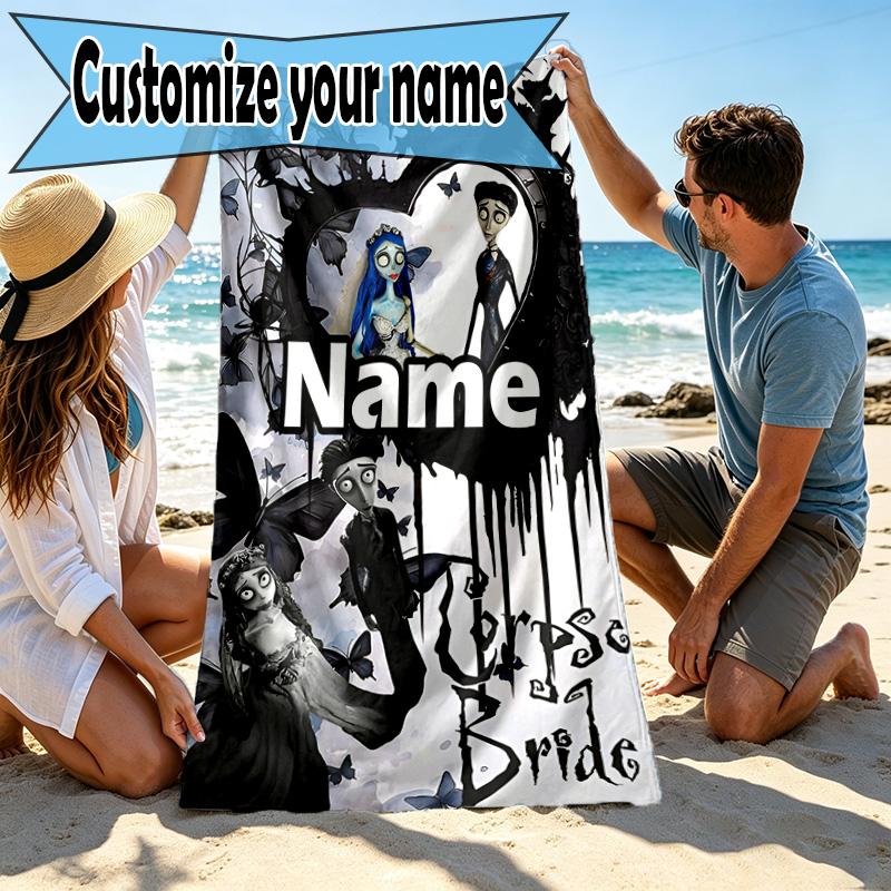 Custom Name Personalized Corpse Bride Print Beach Towel, for Trip Camping Beach Party Home Decor, Birthday Gift for Family & Friends