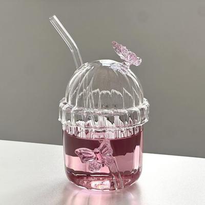 Butterfly Glass Cup with Straw And Lid 400ml Butterfly Drinking Glasses Tumbler