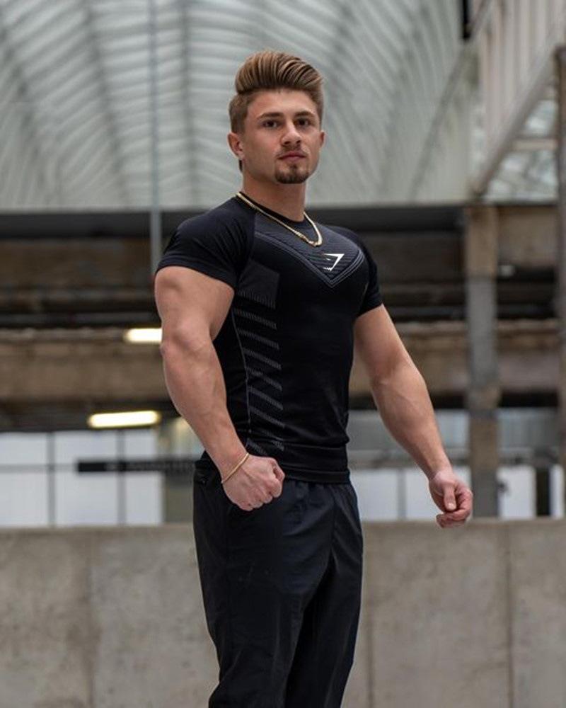 European Men's Cross-Border High Elastic Fitness Bodysuit - Short Sleeve Sports T-Shirt