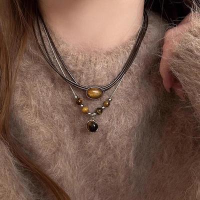 Retro Tiger Eye Stone Layered Necklace with Clavicle Length Chains