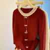 Korean Chic Lace Trim Round Neck Sweater Cardigan with Bow and Ruffle Edges for Women’s Autumn Winter Fashion.