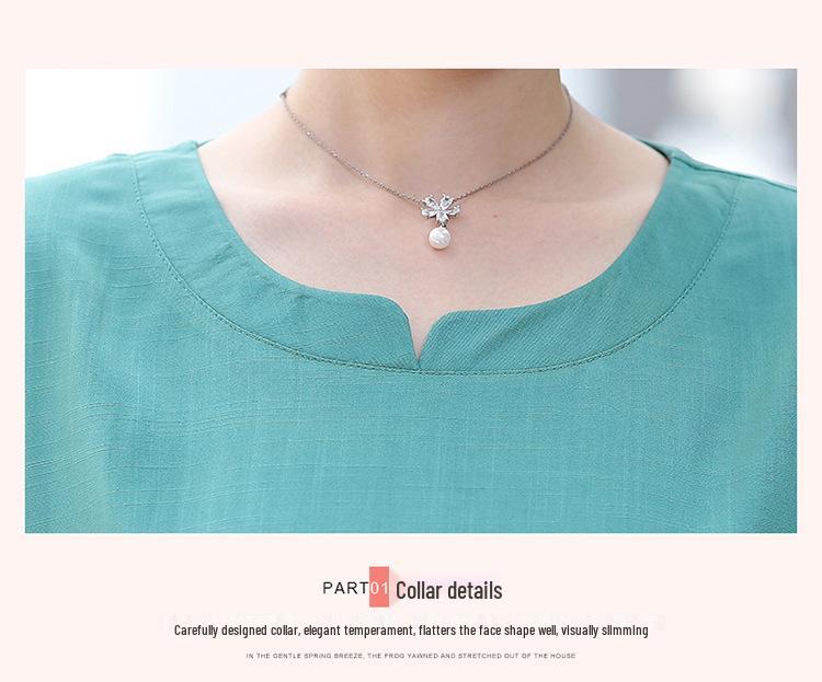 Vintage-Inspired Summer Outfit Set: Cotton Linen Short-Sleeved Top & Two-Piece for Middle-Aged and Elderly Women