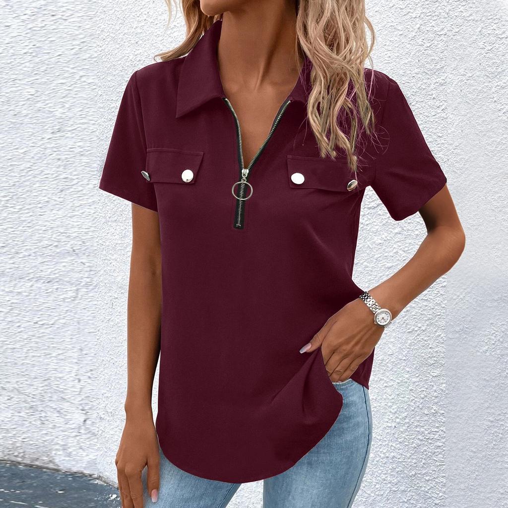 Damenmode Lapel Halbreißverschluss Kurzarm Top Mit Tasche