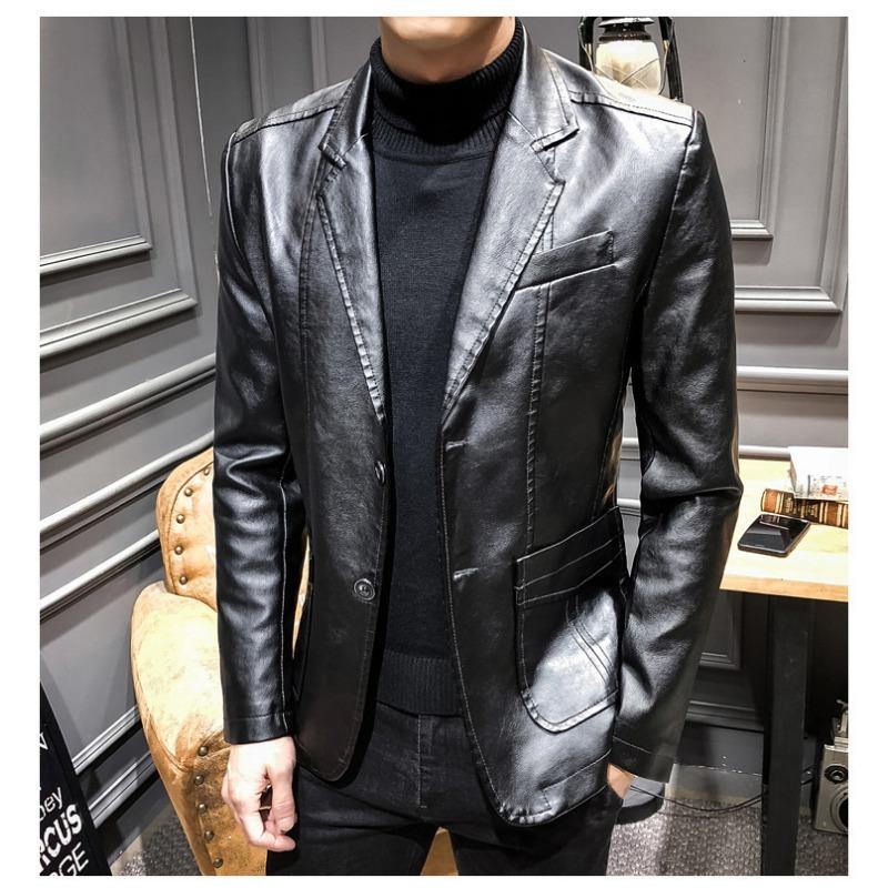 

Spring and Autumn Leather Men s Korean Version Slim-fit Fashion Suit Business Jacket with Casual Leather Jacket Men s Wear 3XL чорний