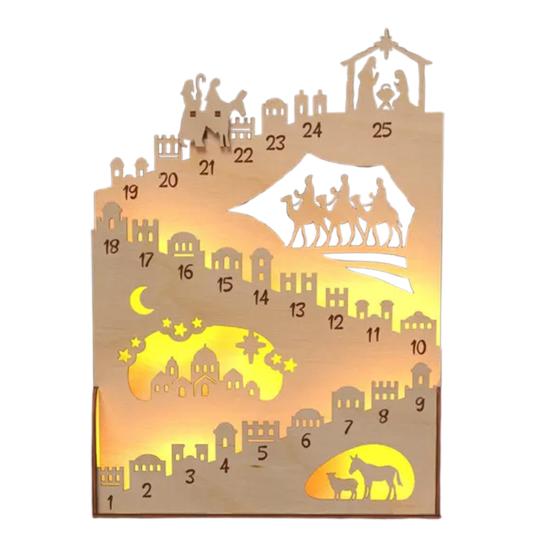 Nativity Advent Calendar Rustic Wooden Christmas Countdown Calendar Light-Up Tabletop Xmas Centerpiece for Cabinet Desk Shelf Mantel Decoration