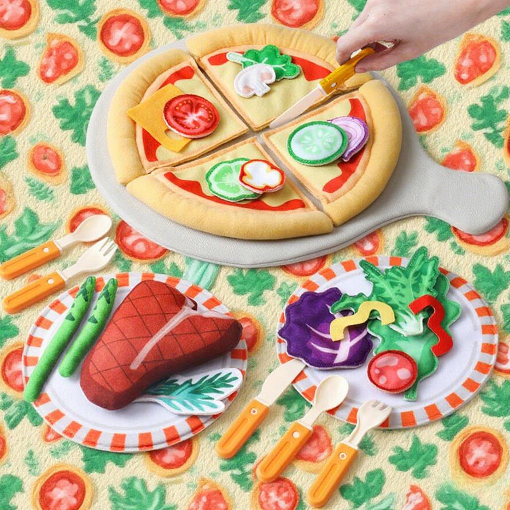 Pretend Play Food Set 31 Piece Felt Play Cutting Pizza Toys DIY Pizza Kits with Beef Steak Vegetables Dinnerware Plates Accessories Kitchen Toy Chef