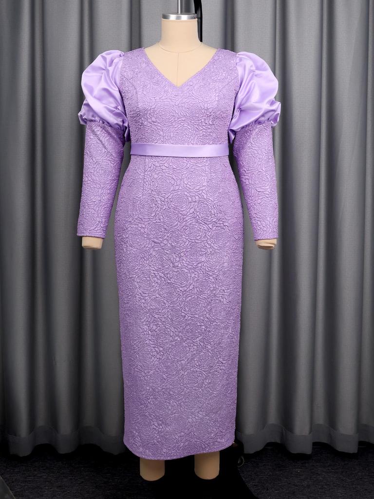 Plus Size Elegant Light Purple Jacquard Puff Sleeve Long Formal Dress.