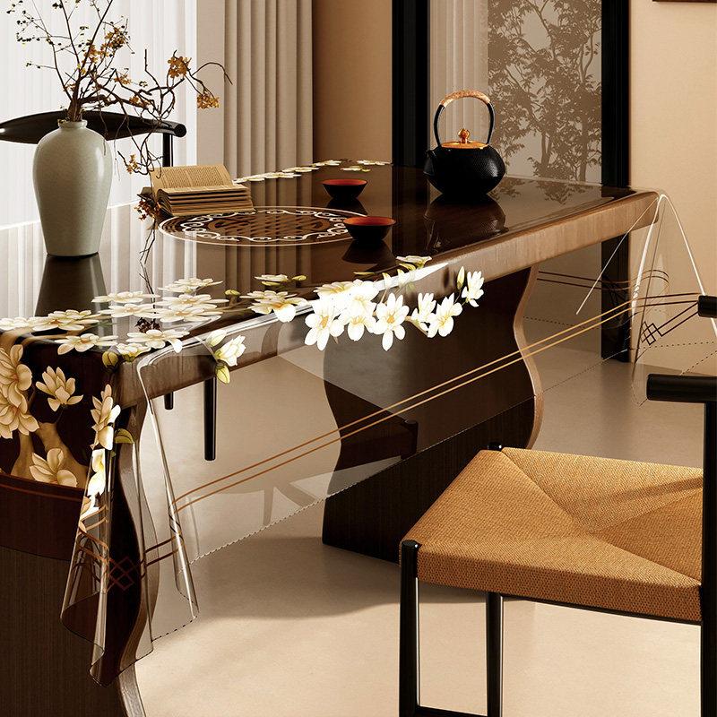 Transparent Printed Pattern Dining Table Cloth Waterproof Oil Resistant No-rinse Soft Glass Table Mat Heat-resistant Desktop Protective Pads
