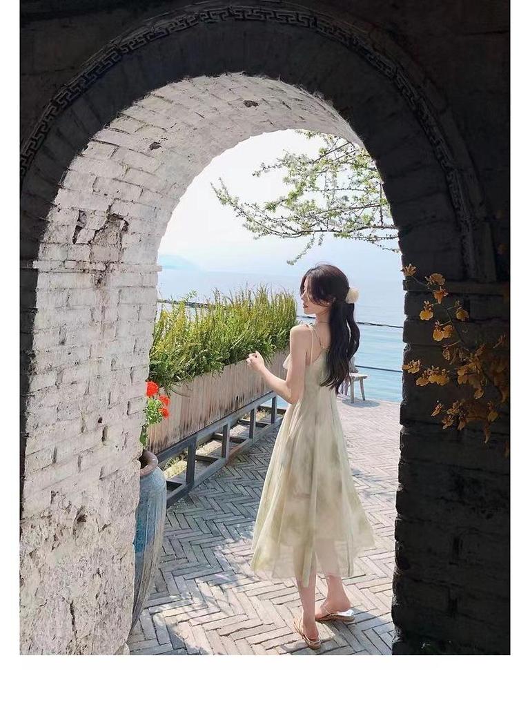 2024 Korean Style Sleeveless Ruffled Print Long Slim Fit Dress