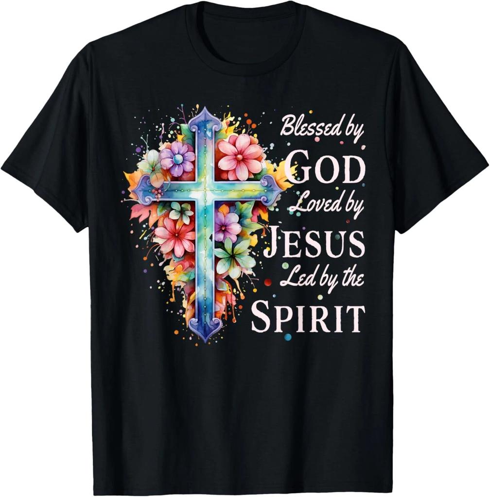 Blessed by God Loved by Jesus Floral Cross Christian T-Shirt