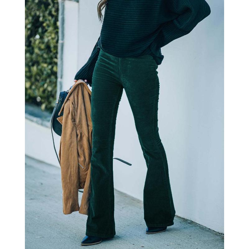 women s High Waist Slim Fit Corduroy Flare Pants Elastic Waist Solid Color Casual Bootcut Trousers S