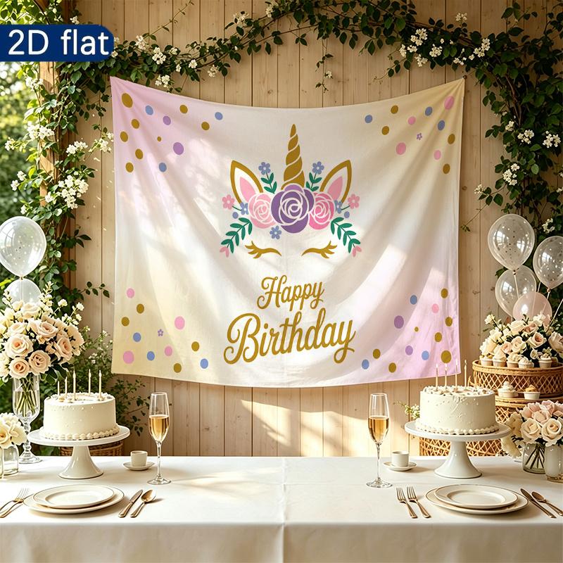 Happy Birthday Gifts Unicorn Backdrop Banner, Pastel Polyester for Party Decor & Photo Booth