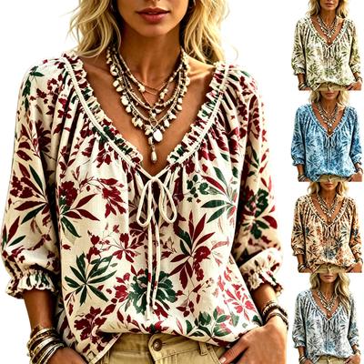 Women's Floral Print Casual Three-Quarter Sleeve Loose Fit Summer Top