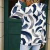 Women Plus Size White Blue Gray Printed Long Sleeve Drawstring Hood Kangaroo Pocket Pullover Hoodie