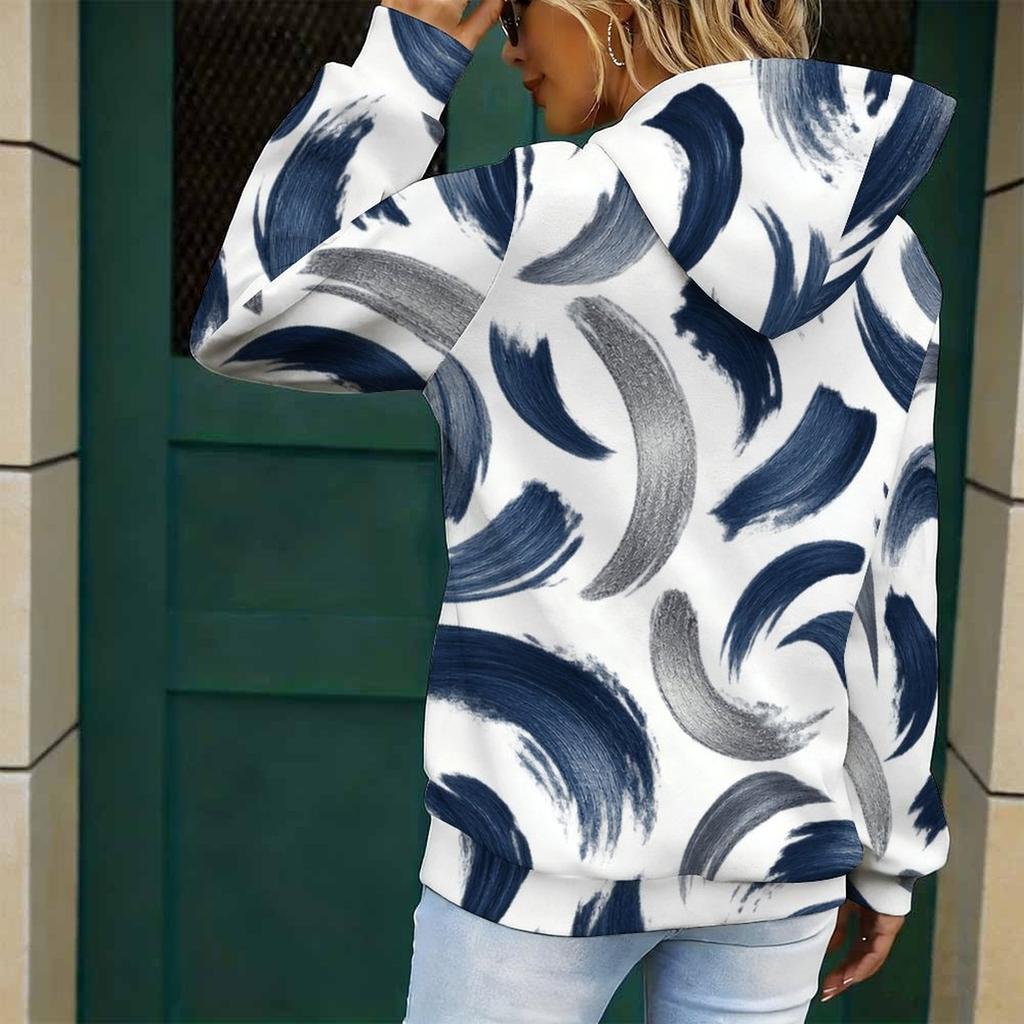 Women Plus Size White Blue Gray Printed Long Sleeve Drawstring Hood Kangaroo Pocket Pullover Hoodie