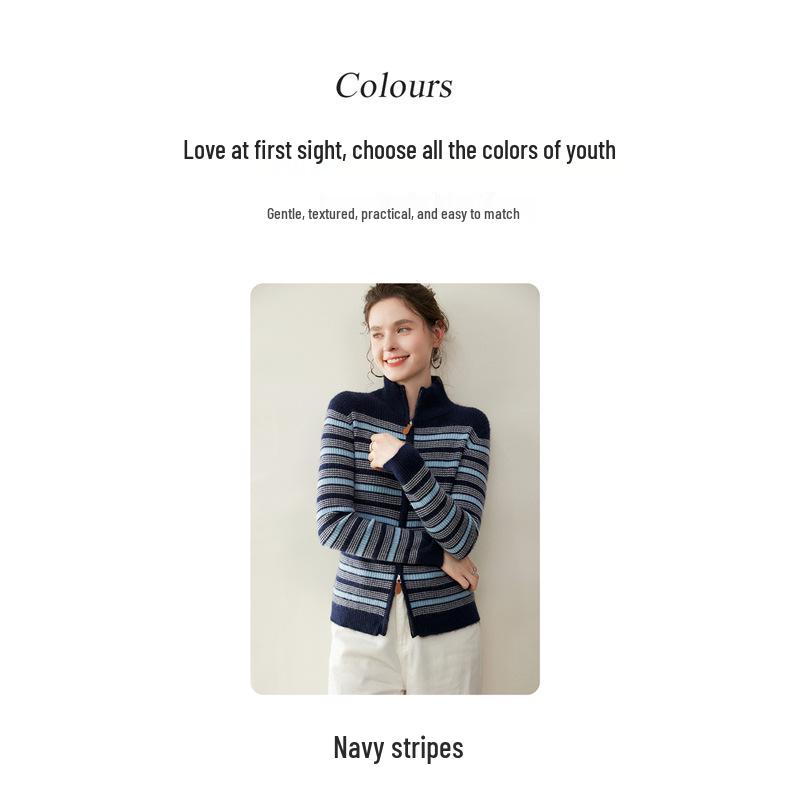 Kaschmir-Strickjacke mit Stehkragen: Bunter gestreifter Strickmantel mit langen Ärmeln für Herbst & Winter