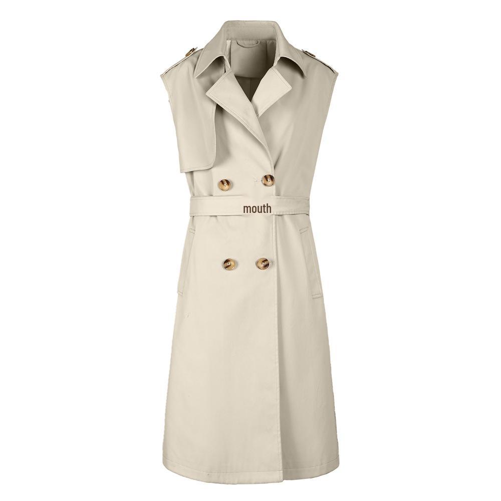 Women's Sleeveless Double-Breasted Trench Coat - Lapel, Belted, Polyester Outerwear, Casual Style