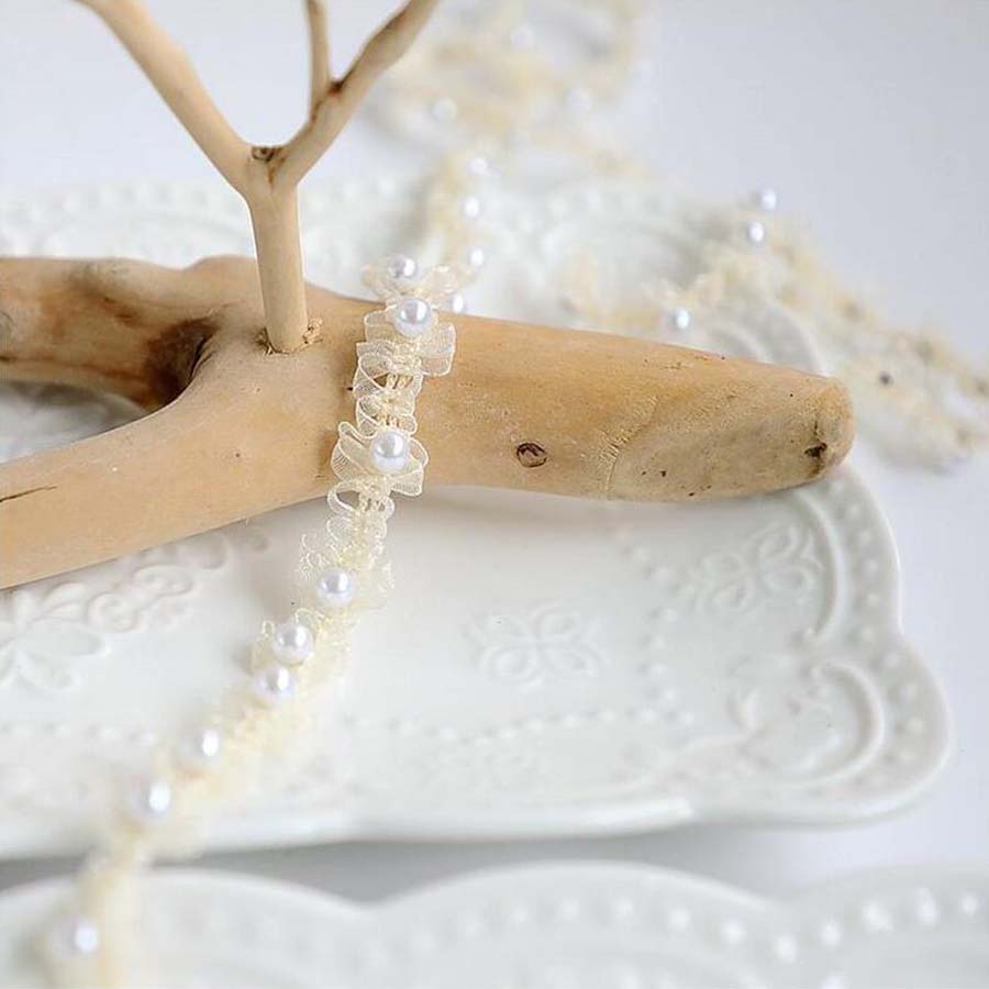 

1Yard Pearls Embroidery Beaded Fringed Ribbon Handmade DIY Lace Applique Collar Cuffs Apparel Fabric 1.5CM Wide бежевий