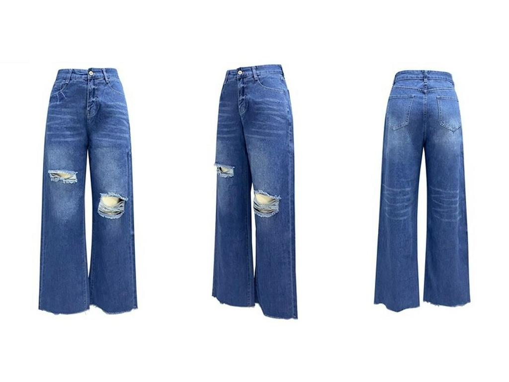 2025 Spring Women's High-Waisted Washed Ripped Wide-Leg Denim Jeans