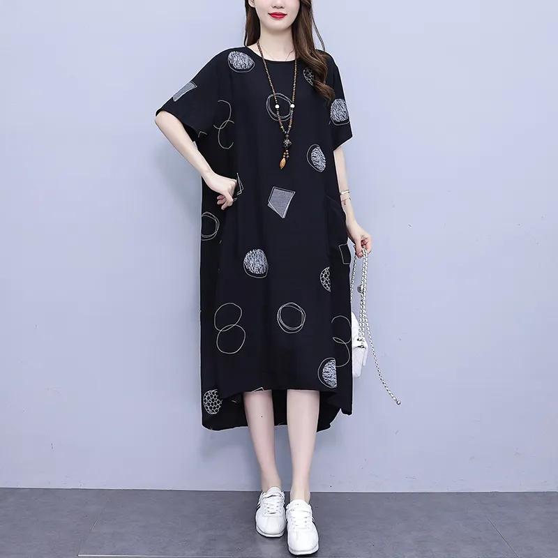 Women's Summer Plus Size Loose Casual Dress with A Temperament That Covers Flesh and Reduces Age, Mid Length Skirt