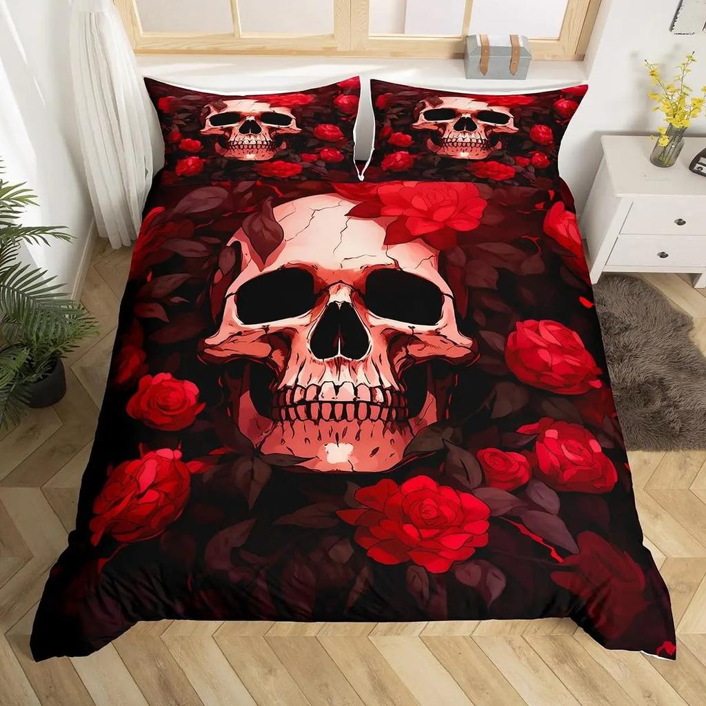 Sugar Skull Duvet Cover Colorful Vintage Floral Bedding Set Hippie Mexico Style Comforter Cover Gothic Skeleton Quilt Cover